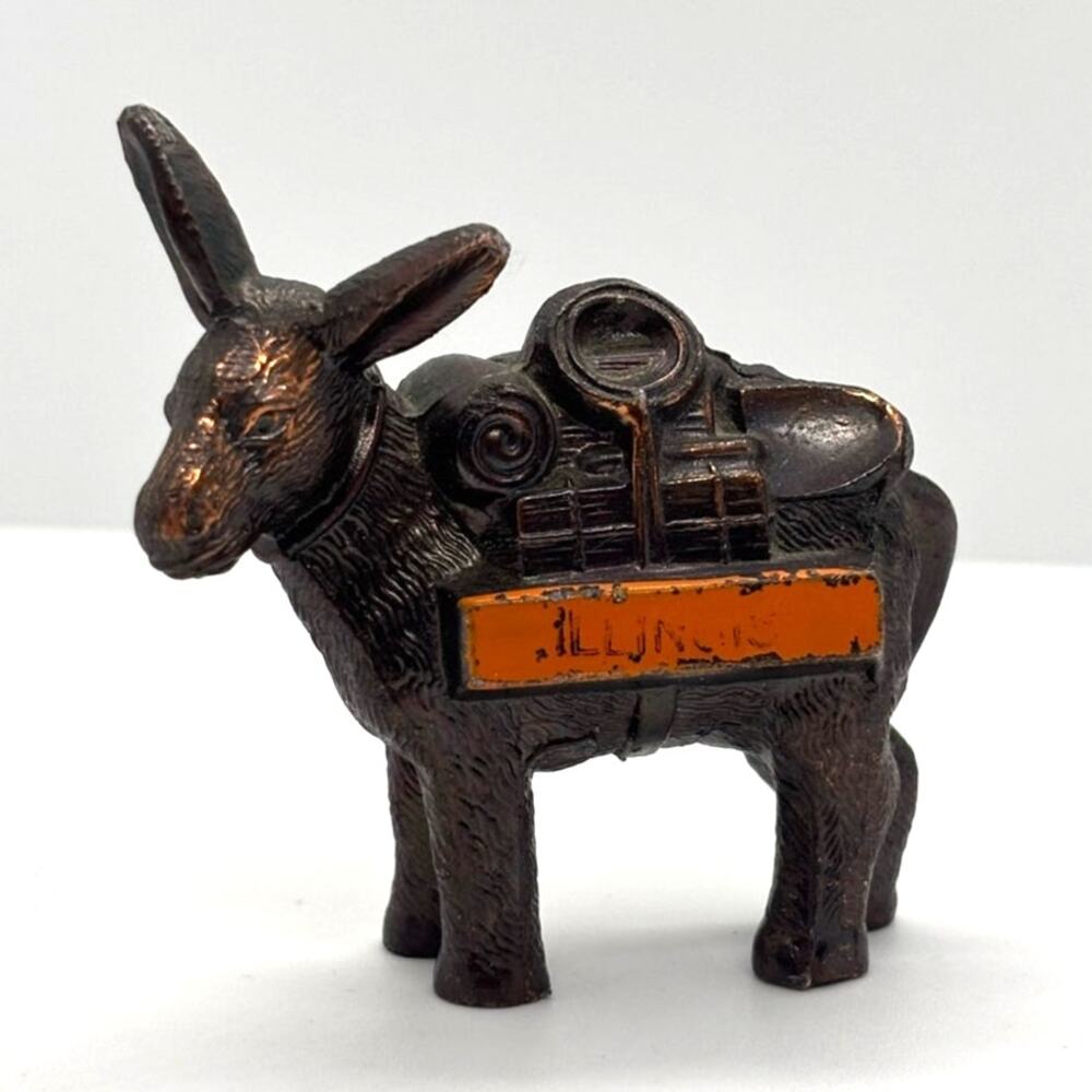 Vintage MCM Pack Mule/Donkey Metal Spelter Souvenir, "Illinois" on Plaque